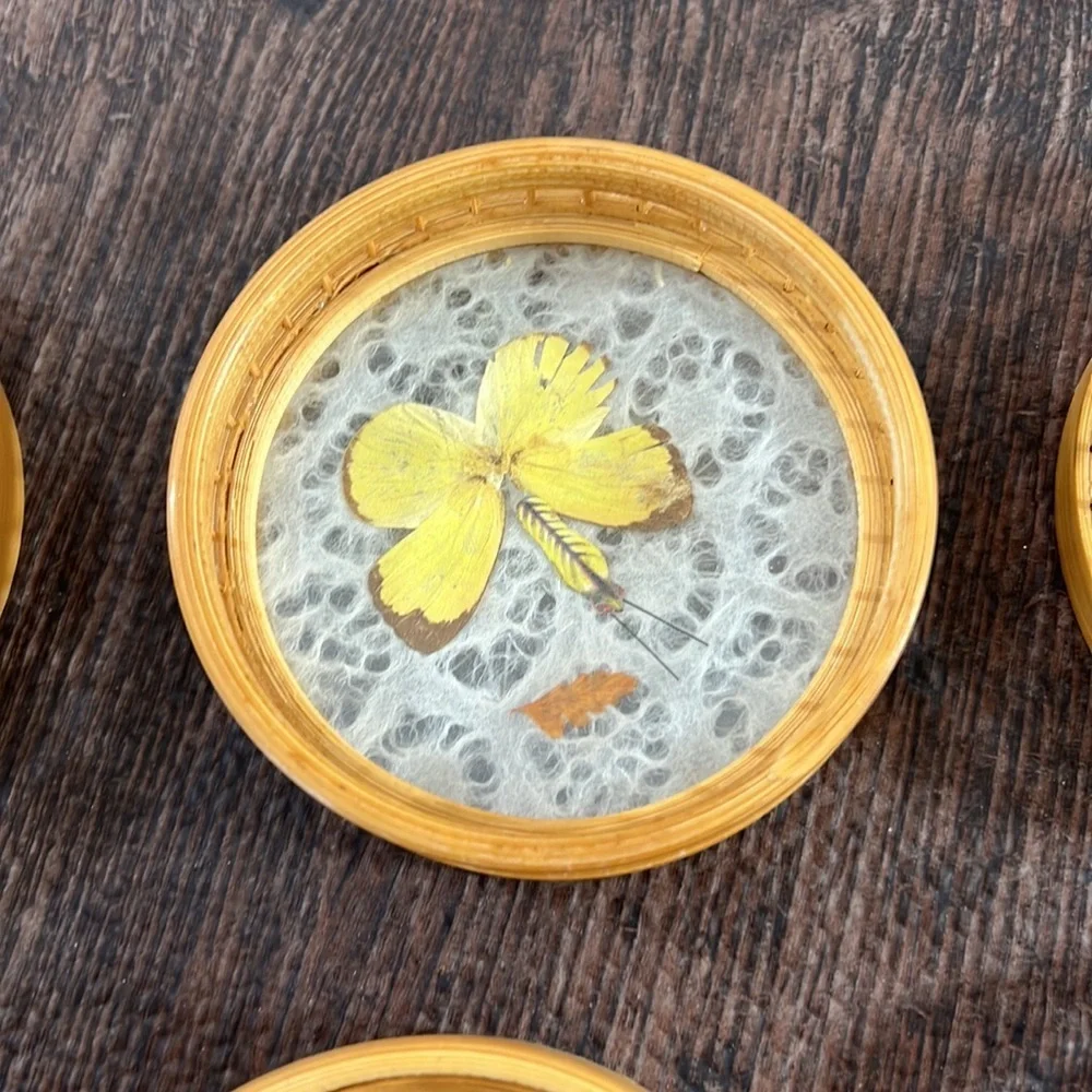 Vintage Bamboo Wicker Woven Coasters Butterfly Design Set of 6 Boho‎ Tiki Bar